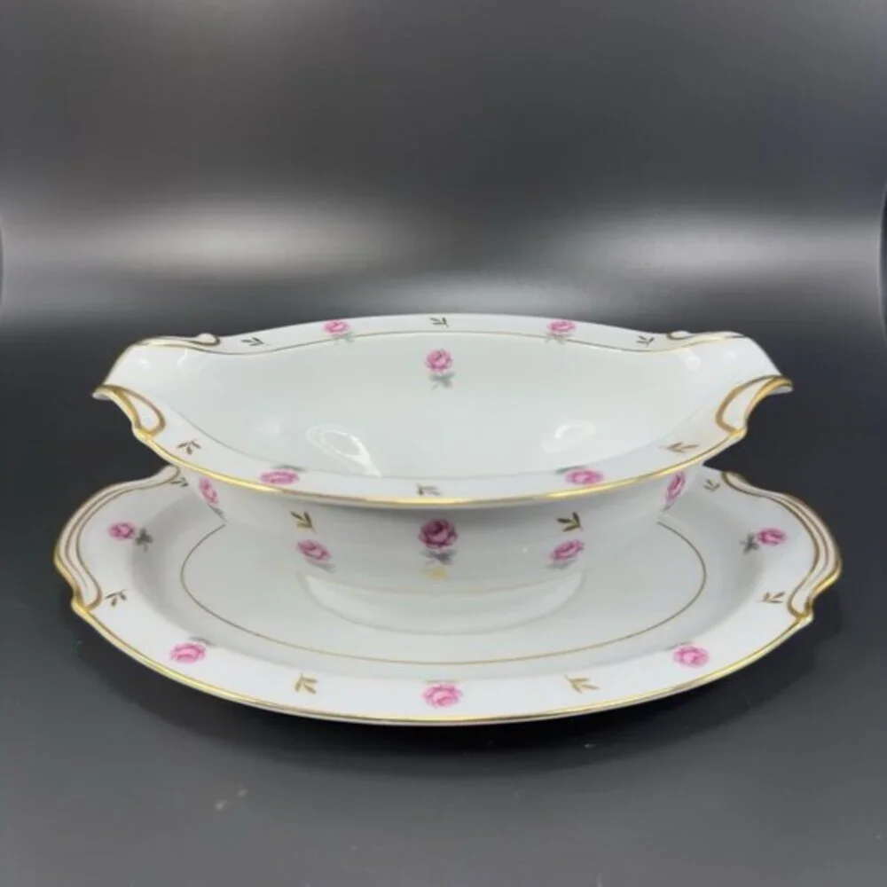 Noritake Rosalie Gravy Boat with Attached UnderPlate Sauce‎ Dish Porcelain Japan